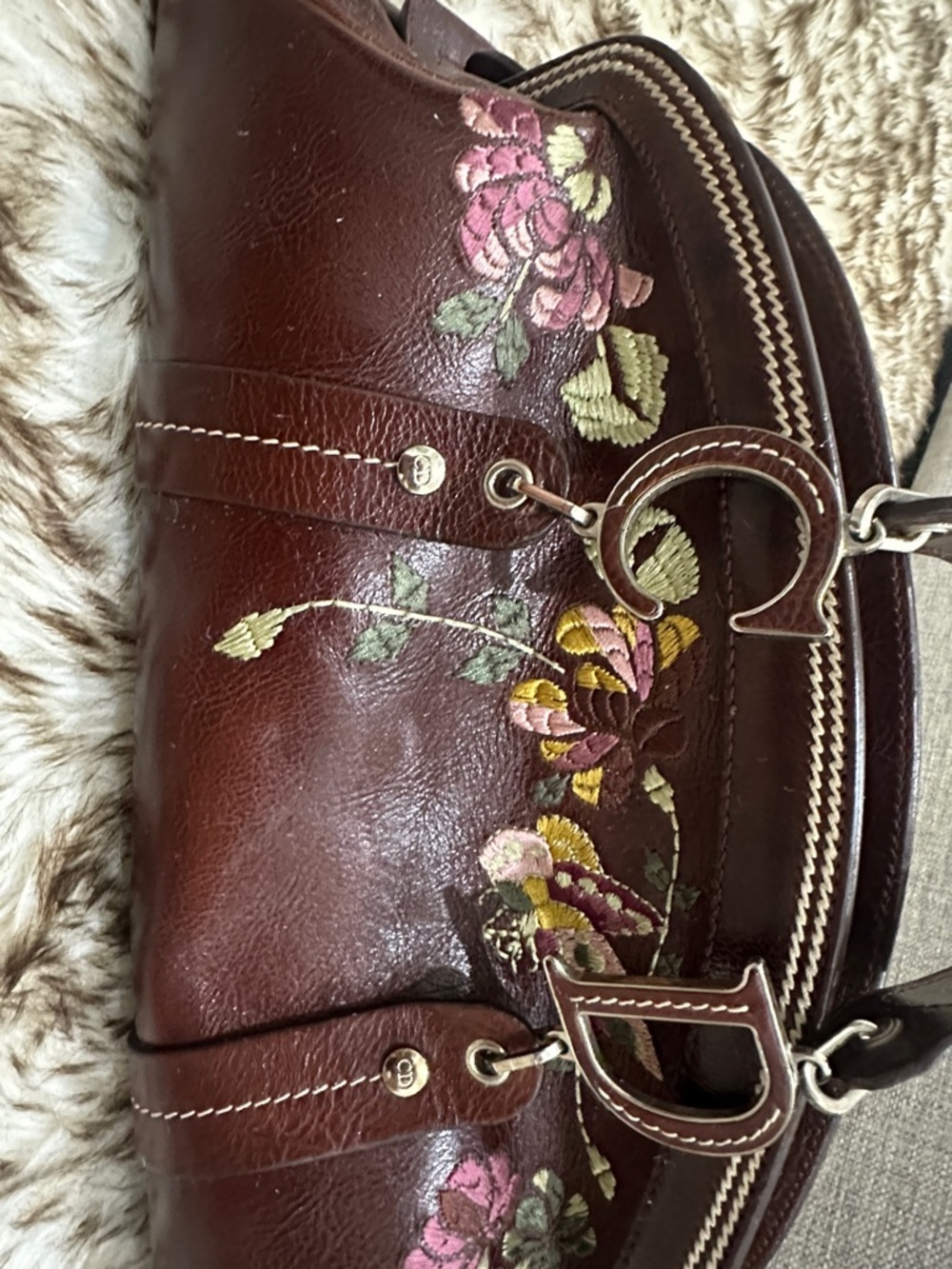 DIOR Burgundy -Dark Brown leather CD Bag with Pink & Green Floral Embroidery - Picture 2 of 14